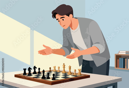 An illustration depicts a person thoughtfully looking at a chessboard, as if analyzing the next move