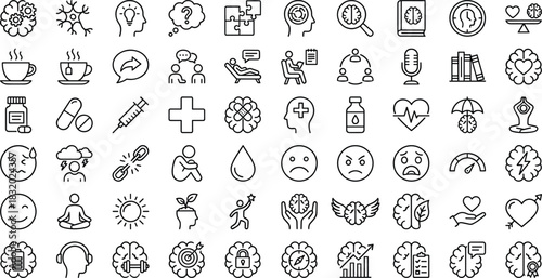 Comprehensive mental health and wellness line icon collection featuring emotions, therapy, medical support, mindfulness, motivation, self-care, stress management and psychological concepts