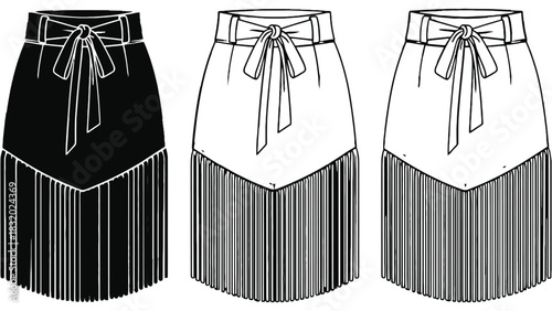 Three skirt designs with fringe and belt tied in a bow illustration