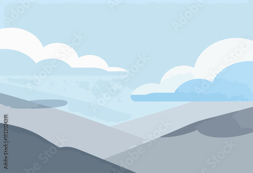 Abstract illustration with layered hills, clouds, and gradient sky in cool, muted blues and greys