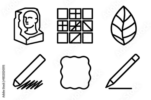 Artistic Icon Collection. Visual Arts Set linear icon set: sculpture block, mosaic tile, stained glass piece, charcoal stick, watercolor patch, digital pen