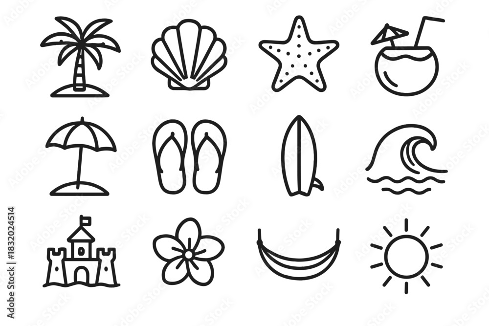 Fototapeta premium Island Paradise Icons. Island Paradise linear icon set. palm tree, seashell, starfish, coconut drink, beach umbrella, flip-flops, surfboard, ocean wave, sandcastle, tropical flower