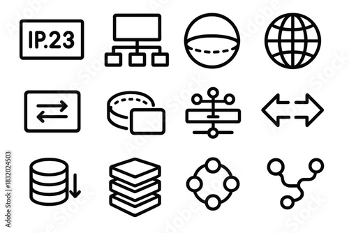 Network Icons Collection. Data Network Components linear icon set: IP address tile, subnet block, DNS globe, NAT icon, VPN tunnel, load balancer, queue buffer, protocol stack