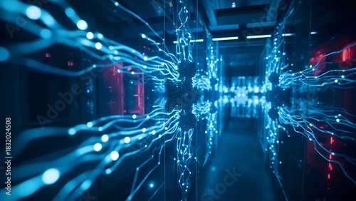 Neon Data Flow in Futuristic Server Room, High-Speed Digital Network Connections, Advanced Data Infrastructure with Glowing Circuits