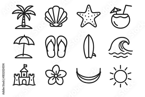 Island Paradise Icons. Island Paradise linear icon set. palm tree, seashell, starfish, coconut drink, beach umbrella, flip-flops, surfboard, ocean wave, sandcastle, tropical flower
