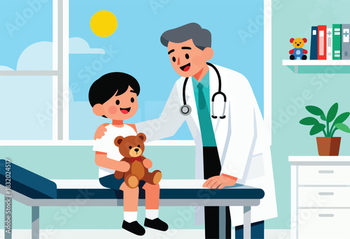 A cartoon doctor with stethoscope and coat attends to a child holding a teddy bear on an exam table