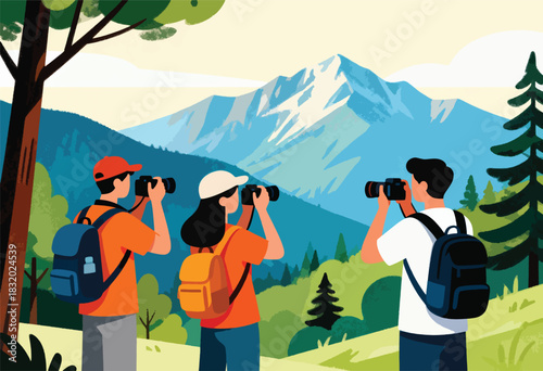 A group of three hikers with backpacks taking photos of a mountain range. The scene has stylized illustration