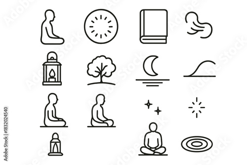 Quiet Solitude Icons. Inner Solitude linear icon set: seated silhouette, calm aura, closed journal, soft lantern, slow breath icon, quiet curve, solitary tree, reflective water