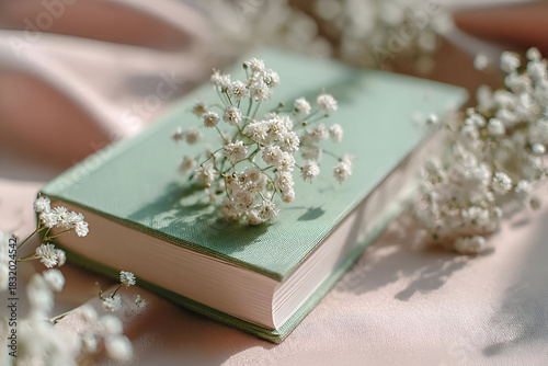 A serene arrangement of a green book adorned with delicate white flowers, capturing a peaceful moment in a soft, tranquil setting.