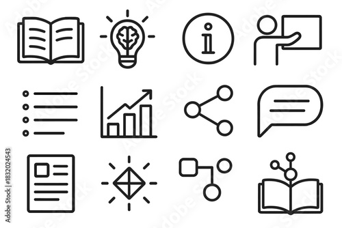 Knowledge Sharing Icons. Knowledge Sharing linear icon set: open journal, idea spark, info icon, teaching arrow, bullet lines, small chart, connected points, explanation bubble