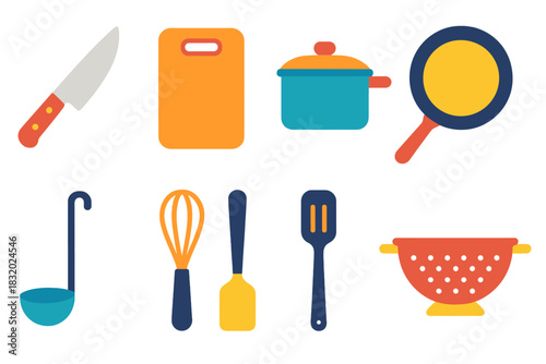 Vibrant Kitchen Utensils. Modern kitchen tools flat icon set: chef’s knife, cutting board, saucepan, frying pan, ladle, whisk, spatula, colander