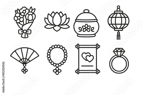 Asian Bridal Icons. Asian bridal traditions concept linear icon set: bouquet, lotus, jewelry box, lantern, fan, garland, wedding scroll, ring , soft decorative lines