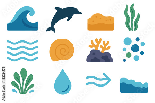 Ocean Life Icons. Marine Environment Set flat icon set: ocean wave, dolphin silhouette, sandy seabed, kelp forest frond, tide ripple, seashell spiral, reef rock, floating plankton