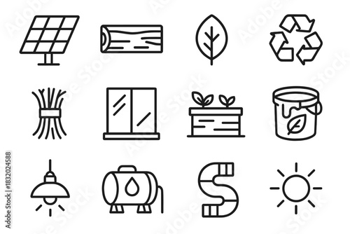 Eco-Friendly Icon Set. Green architecture linear icon set: solar panel, wood beam, leaf icon, recycled material, natural fiber, glass wall, roof garden, eco paint bucket, light