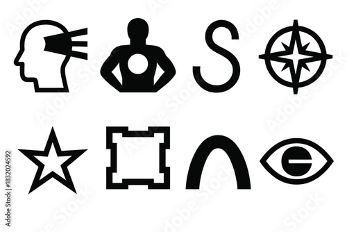 Human Potential Icons. Human Potential Development Concepts silhouette icon set: mindset beam, core strength icon, harmony curve, direction compass, opportunity star, structure