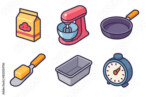 Kitchen Baking Icons. Kitchen Bread Essentials flat icons set. yeast packet, mixer, pan, butter knife, loaf tin, timer