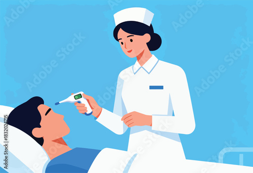 A nurse in white uniform takes a patient's temperature with a digital thermometer in a medical setting