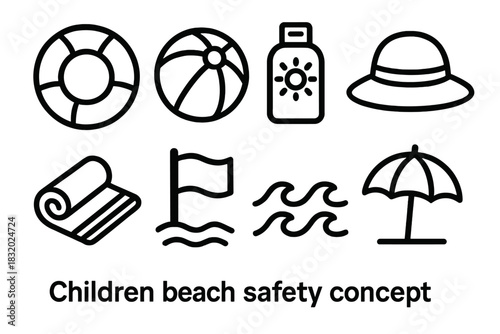 Beach Safety Icons. Children beach safety concept linear icon set: float ring, beach ball, sunscreen, hat, towel, flag, waves, umbrella