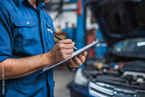 A mechanic inspects a vehicle while taking notes, ensuring optimal performance and safety in an automotive repair shop.