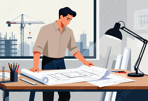 An architect examines blueprints at his desk with a cityscape view and construction crane outside