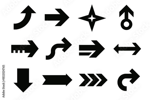 Brutalist Arrow Icons. Symbolic Arrow Set silhouette icon set: progress arrow, direction indicator, compass arrow, goal arrow, timeline arrow, movement arrow, shift arrow