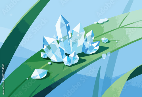 A stylized illustration features a cluster of crystalline structures resting on a green leaf against a blue background