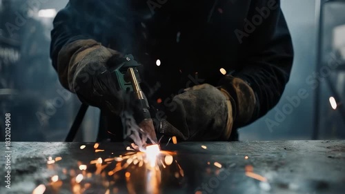Welder works with sparks and light in industrial area