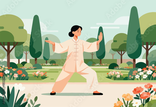 A person in light clothes practices tai chi in a park with green grass, trees, and flowers