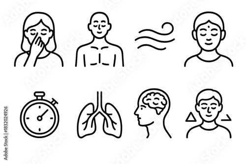 Breath & Balance Icons. Pranayama and Breathing linear icon set: alternate nostril, deep chest breath, airflow lines, inner peace face, breath timer, calm lungs, focused mind