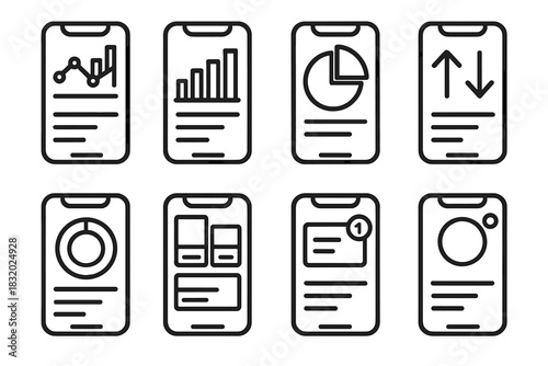 Mobile Analytics Dashboard. Mobile Dashboards linear icon set: analytics display, performance bar, circular chart, trend arrows, progress widget, summary cards, notification badge