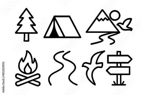 Nature Adventure Icons. Outdoor Sanctuary linear icon set: tree, tent, campfire, river, mountain, sun, bird, path marker