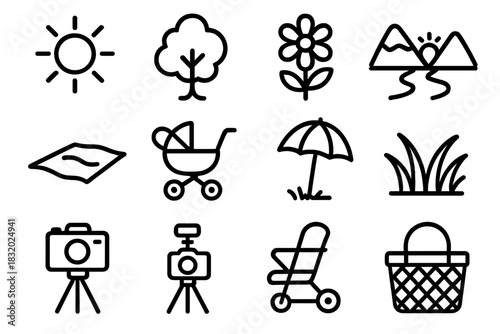 Nature Outline Picnic. Outdoor photography linear icon set: sunlight, tree, flower, mountain, river, sky, blanket, stroller, umbrella, grass, camera setup, picnic basket