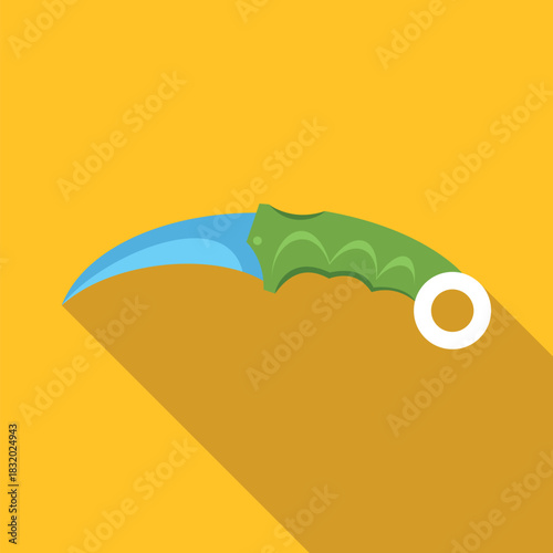 Karambit knife with a green handle and blue blade, casting a long shadow
