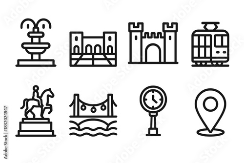 Urban Icon Highlights. Urban Highlights linear icon set: fountain, plaza, city gate, tram, park statue, bridge lights, street clock, map marker