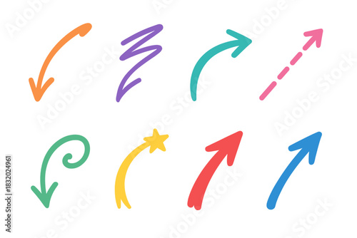 Vibrant Arrow Icons. Decorative Arrows flat icon set: hand-drawn arrow, scribble arrow, brushstroke arrow, dashed arrow, arrow with tail swirl, arrow with star tip, marker arrow