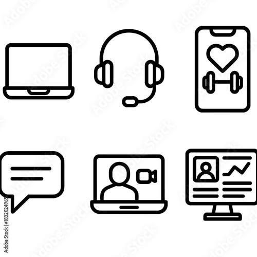 Virtual Coaching Icons. Virtual Coaching linear icon set: laptop screen, headset, fitness app, message chat, video call, online dashboard