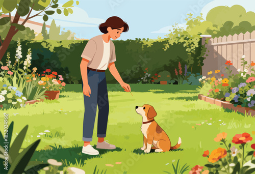 A person in a garden plays with a dog. Lush green surroundings with flowers and a fence. Sunny day