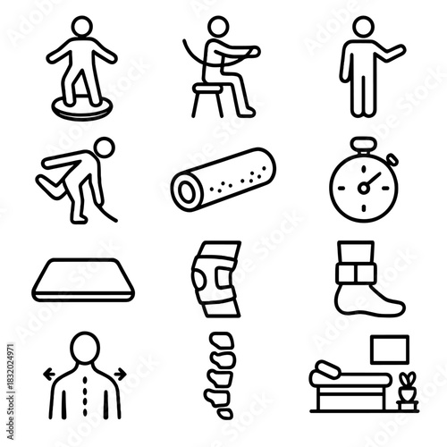 Rehabilitation Exercise Icons. Rehabilitation Exercises linear icon set. balance board, resistance band, arm movement, leg stretch, foam roller, stopwatch, physiotherapy mat