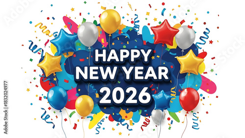 Vibrant 2026 New Year Celebration with Balloons and Confetti Galore