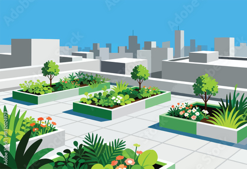 A rooftop garden with various plants and flowers in raised beds, with a cityscape background