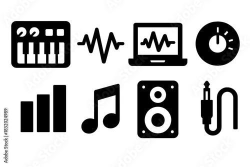 Brutalist Audio Icons. Digital Melody silhouette icon set: synthesizer, waveform, laptop, sound knob, equalizer, note, speaker, cable