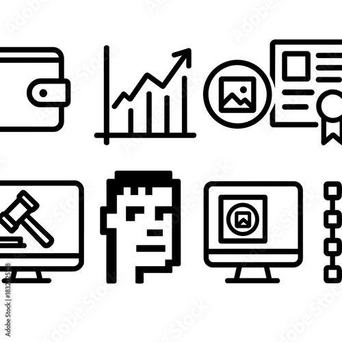 Crypto Art Icons. Crypto Art Market linear icon set. wallet icon, price chart, art token, digital certificate, online auction, pixel art, computer screen, blockchain grid