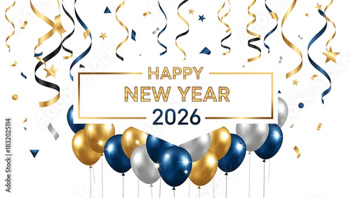 Happy New Year 2026 celebration with shiny balloons and falling confetti.