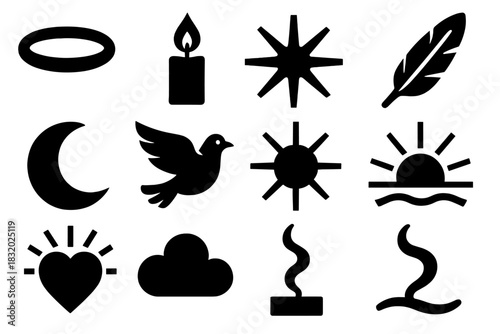 Divine Icon Set. Divine Luminosity silhouette icon set : halo ring, candle flame, radiant star, feather, moon, dove, golden light, sunrise, glowing heart, cloud, incense smoke