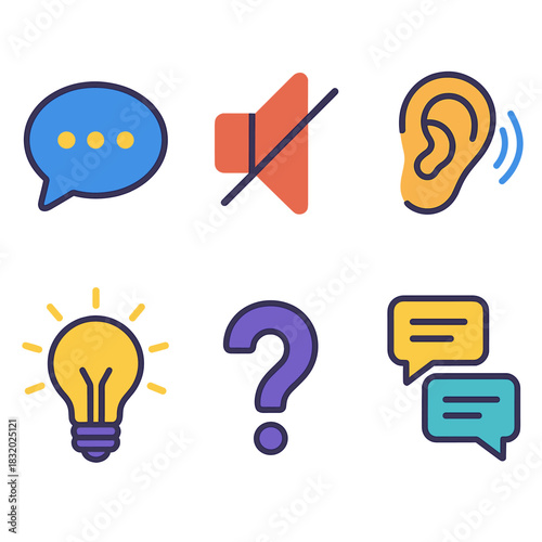 Communication Symbols Vector. Communication Boundaries Set flat icon set: speech bubble, mute symbol, listening ear, clarity icon, question mark, structured dialogue box