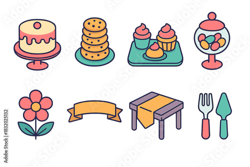 Isometric Dessert Icons. Dessert Table Setup flat icons set. frosted cake, cookie tower, dessert tray, candy jar, flower decor, ribbon banner, table runner, serving utensils