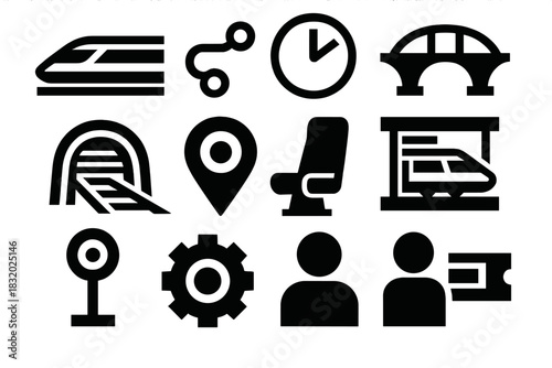 Brutalist Rail Icons Collection. High-Speed Rail silhouette icon set. bullet train, route line, clock, bridge, tunnel, map pin, seat, station, signal, gear, passenger, ticket.
