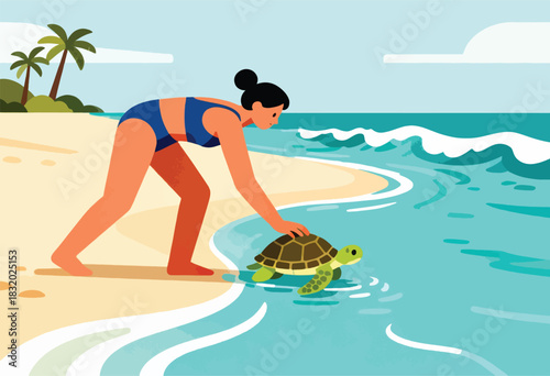 A person in a blue swimsuit gently guides a turtle towards the ocean on a sandy beach. Waves are visible