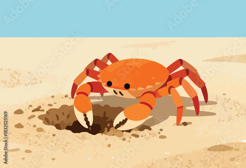 A cartoon crab, orange and red, stands on sandy beach near a hole. Blue sky tops scene