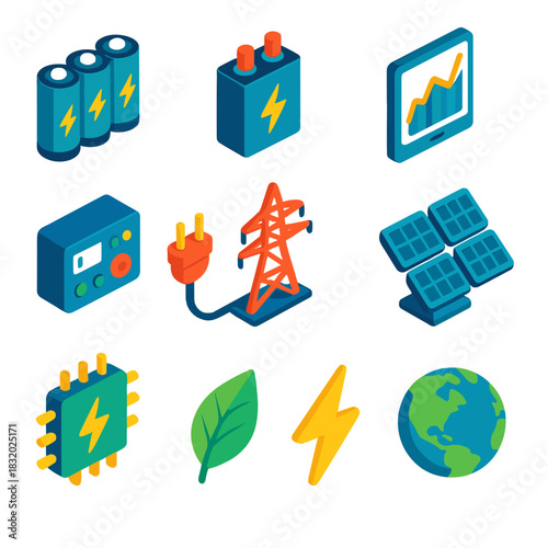 Isometric Energy Storage Icons. Advanced energy storage flat icon set: battery pack, capacitor, power grid, data chart, control hub, plug, solar array, circuit, chip, leaf